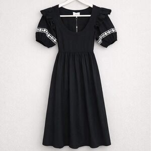 Cleobella Selma Size Small Cotton Poplin Midi Dress Ruffle Boho Pockets NWT